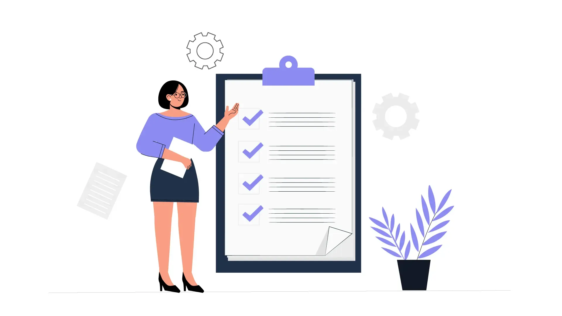 Vector Illustration of Checklist Concept Woman Stands with Pad